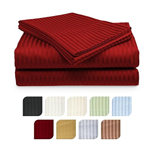 Crystal Trading 4-Piece Bed Sheet Set - Dobby Stripe - 100% Cotton Sateen - 400 Thread Count (Full, Burgundy)
