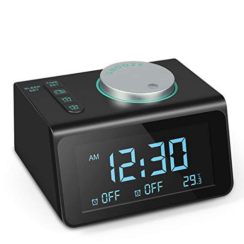Radio Alarm Clock, 2021 Upgraded FM Radio, Dual USB Charging Ports, Temperature Display, Dual Alarms with 7 Alarm Sounds, 5 Level Brightness Dimmer