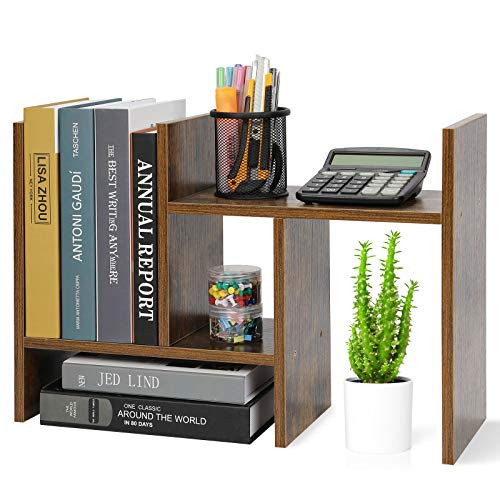 Adjustable Desktop Bookshelf Office Organizer Desk Storage Organizer Display Shelf Rack, Counter Top Bookcase, Rustic