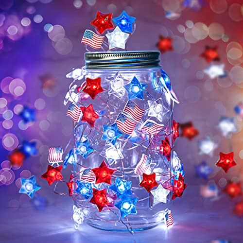 4th of July Independence Day String Lights, 16Ft 50LEDs American Flag Red White Bule Stars Waterproof Led String Lights Patriotic Memorial Decoration, Battery Lights for USA National Day Indoor Decor