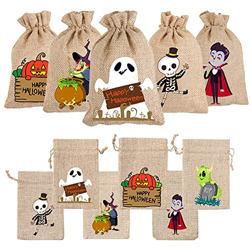 DIYDEC 36pcs Halloween Burlap gift Bags,Halloween Linen Jute goodies Candy Bags With Drawstring for Halloween Party Supplies.