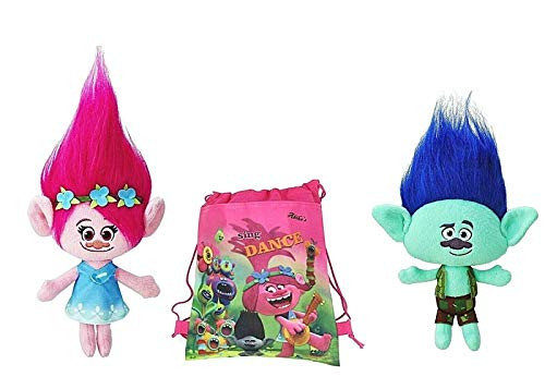 Happy Trolls Poppy, Branch DreamWorks Trolls Movie 9" Plush Dolls Set of 2, Comes in Fun Troll Drawstring Bag/Tote/Backpack. Bring Your Trolls with You