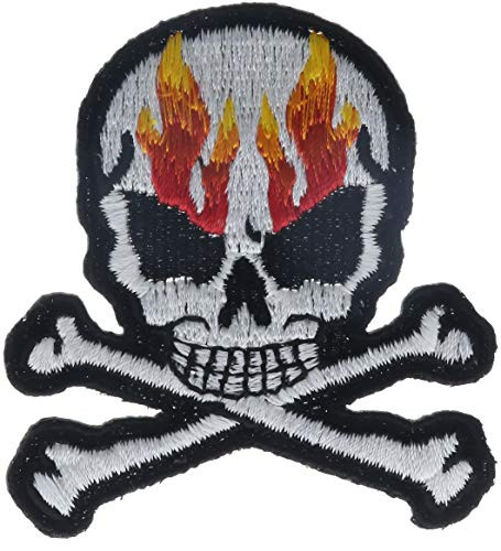 Skull and Cross Bones with Flames 3" Embroidered Patch AKskullflamek2