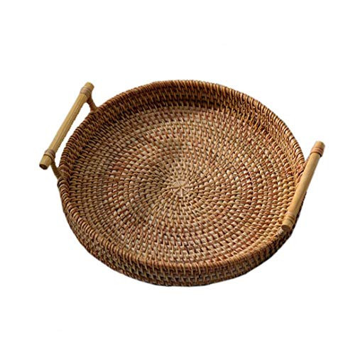 Baskets, Round Rattan Storage Tray Hand-Woven Wicker Basket with Handle for Bread Fruit Food Breakfast Display -22x7cm-
