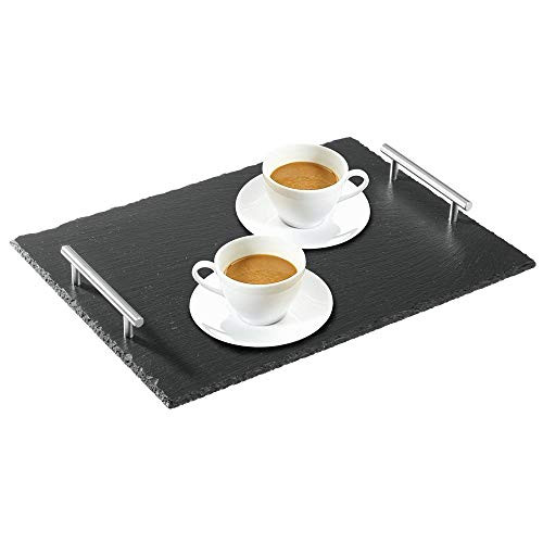 mDesign Slate Stone Gourmet Serving Platter, Cheese Board, Charcuterie Tray with Natural Edge & Stainless Steel Handles for Cheese, Meats, Appetizers, Dried Fruits - Display Chalkboard - Black
