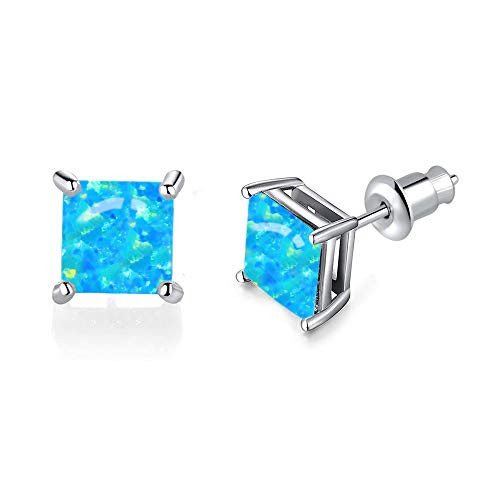 Airmoly Blue Opal Stud Earrings 14K White Gold Plated Square Shape Opal Jewelry For Women Men Girls 6mm