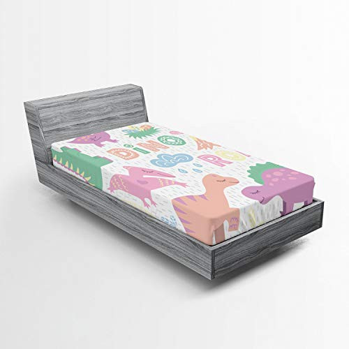 Ambesonne Dino Fitted Sheet, Funny Dinosaur Family Theme Cartoon in Pastel Tones with Roar Lettering, Soft Decorative Fabric Bedding All-Round Elastic Pocket, Twin Size, Pink Blue