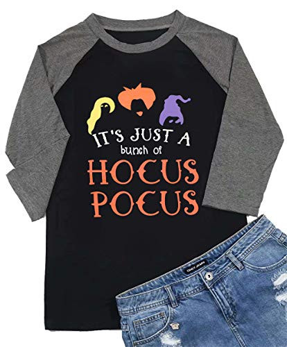 It's Just A Bunch Hocus Pocus T Shirt Women Halloween Sanderson Sisters 3/4 Sleeve Raglan Baseball Shirts Top Size M -Black1-