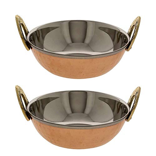 WhopperIndia Set of 2, Indian Copper Serveware Karahi Vegetable Dinner Bowl with Solid Brass Handle for Indian Food, Diameter- 15.24 Cm (6 Inches) WhopperIndia Set of 2, Indian Copper Serveware Karahi Vegetable Dinner Bowl with Solid Brass Handle for Indian Food, Diameter- 15.24 Cm (6 Inches)