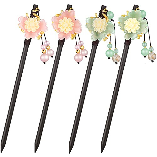 4 Pieces Japanese Chinese Hair Stick Vintage Flower Hair Styling Pins Retro Wooden Hairpin Handmade Classic Hair Chopsticks Women Hair Making Accessories for Long Hair