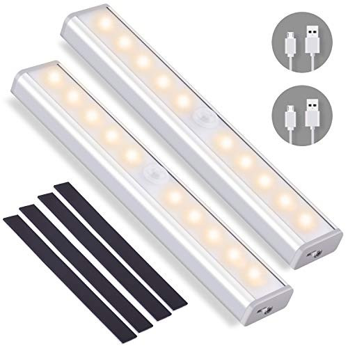 OUSFOT Closet Lights Motion Sensor, 10 LEDs Under Cabinet Light Indoor Wireless Stick up Anywhere USB Rechargeable with Removable Magnetic Strip for Wardrobe/Night/Garage/Stairs/Wall ?2 Packs?