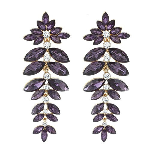 Floral Leaf Drop Crystal Burst Dangle Women's Statement Earrings in Purple