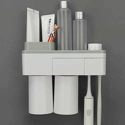 FOBBHOME Toothbrush Holder Wall Mounted for Large Electric Toothbrushes Toothpaste Holder Stand Organizer Large Capacity Storage for Bathroom 2Cups