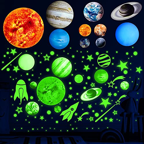 1015 Pieces Glow in The Dark Planets Space Wall Stickers Glowing Stars for Ceiling Solar System Planets Wall Stickers for Kids Birthday Party Bedroom Nursery -Fluorescent Green-