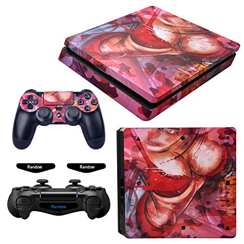 eXtremeRate Full Set Faceplate Skin Decals Stickers and 2 Led Lightbar for Playstation4 Slim/PS4 Slim Console  and  2 Controller Decal Covers for Dualshock 4 PS4 - Sexy Girl