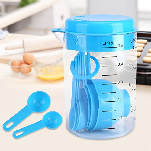 Yencoly Measuring Cup Spoons, Coffee Measuring Tool Blue PP Plastic Plastic Measuring Cups Spoons, 7Pcs/Set for Tea Coffee Measuring