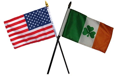 USA American  and  Ireland Shamrock Irish Flags 4"x6" Desk Set Table Gold Base