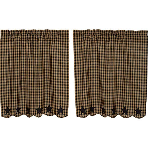 VHC Brands Classic Country Primitive Kitchen Window Curtains - Star Scalloped Tier Pair L36 x W36 Black VHC Brands Classic Country Primitive Kitchen Window Curtains - Star Scalloped Tier Pair L36 x W36 Black