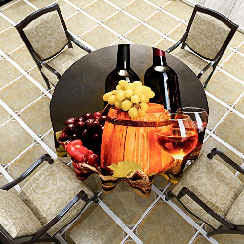 VVA Round Tablecloth,Wine Barrel Cask Bottles and Glasses of Wine and Ripe Grapes on Wooden Winery Quaint Round Table Cover for Family Dinners or Gatherings Dining Room Kitchen Decor 50 Inch
