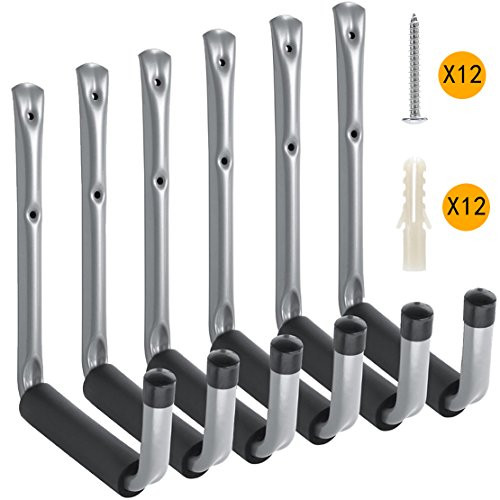 Ihomepark Heavy Duty Garage Storage Utility Hooks with Jumbo Arm, Wall Mount Garage Hanger & Organizer for Ladder Tool Chair Hose(6 Pack - Gray)