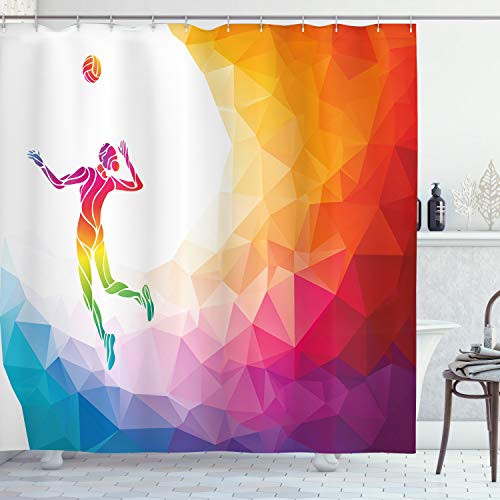 Lunarable Volleyball Shower Curtain, Colorful Polygonal Background Triangles with Jumping Woman Striking The Ball, Cloth Fabric Bathroom Decor Set with Hooks, 84" Long Extra, Purple Blue