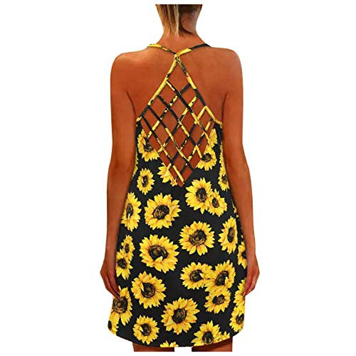 Women's Summer Open Back Dress, Sleeveless Cross Casual Loose Hollow Mesh Chiffon Halter Dress