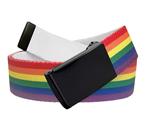 Men's Black Flip Top Military Belt Buckle with Canvas Web Belt Large Rainbow