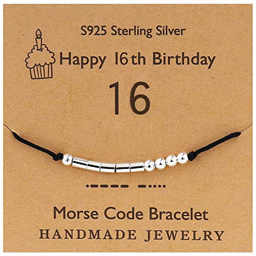 YooAi Morse Code Bracelet Happy Birthday Gifts for Girls Boys Sterling Silver Bracelet Birthday Gift Jewelry for 16 Years Old Beads on Silk Cord 16th