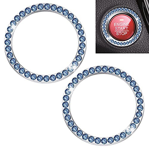 2 Pack Crystal Rhinestone Ring for Car Start Stop Auto Engine Ignition Button Decoration, for Push to Start Button Starter  and  Knobs Bling Decor Ring-Blue-