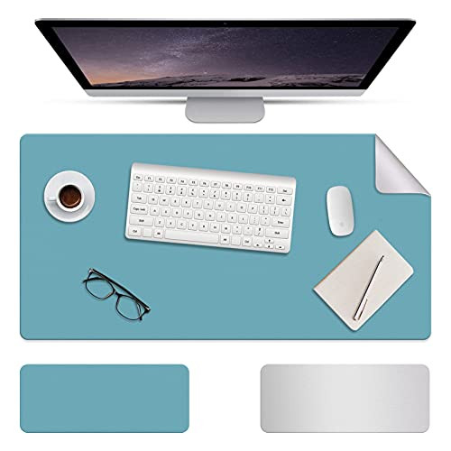 Dual-Sided Desk Pad Office Desk Mat, Waterproof Desk Mat PU Mouse Pad Oil-Proof Desk Protector Keyboard Pad Table Writing Mat for Office, Home-Blue/Silver, 31.5 inch x 15.7 inch-