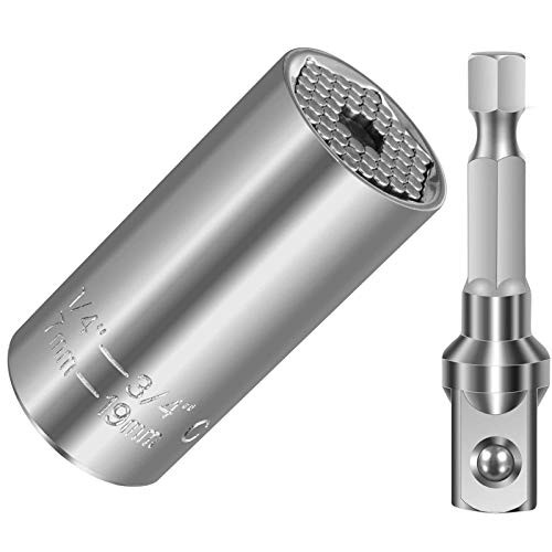 Moduskye Universal Sockets, Hand Tools Wrench Sockets Power Drill Adapter Tool Sets, Adjustable Socket Grip Gadgets Fits Standard 1/4'' - 3/4''-7mm-19mm- Metric, Impact Driver Tools -Silver-