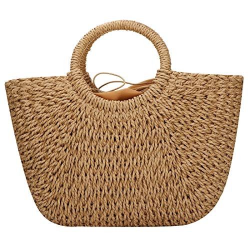 Women Large Straw Hobo Handbag Tote Rattan Bag, Summer Vintage Weave Round Beach Bag -Brown-