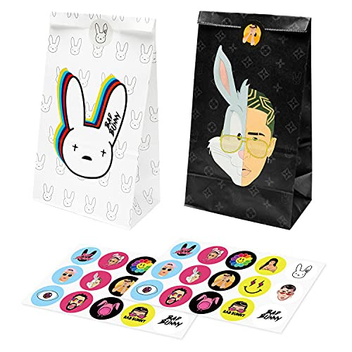 Haooryx 24pcs Bunny Rapper Paper Party Favor Bags, Cartoon Party Gift Bag for Kids Goodie Candy Treat Kraft Paper Party Bags with 30Pcs Cute Stickers for Theme Birthday Baby Shower Supplies