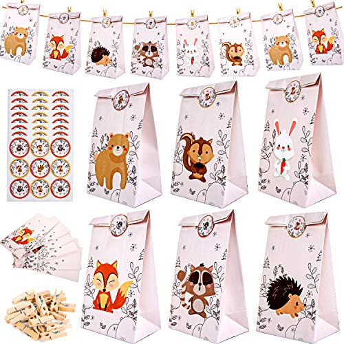 PROLOSO 24 Pack Animal Party Favor Bags with Stickers Clips Rope Woodland Candy Goody Bags Treat Bags Gift Bags Animal Theme Baby Shower Birthday Party Supplies 8 Styles