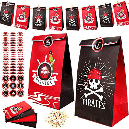 PROLOSO 24 Pack Pirate Party Favor Bags with Stickers Clips Rope Pirate Kraft Paper Gift Goodie Bags Candy Treat Bags Pirate Theme Birthday Party Supplies PROLOSO 24 Pack Pirate Party Favor Bags with Stickers Clips Rope Pirate Kraft Paper Gift Goodie Bags Candy Treat Bags Pirate Theme Birthday Party Supplies