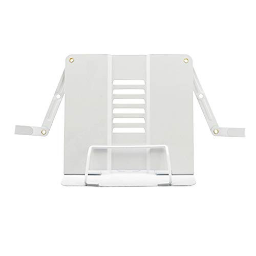 2021 Upgrade Metal Book Stand with Fixing Clips Folding Reading Book Holder with 6 Adjustable Angles and Paper Page Clip,Sturdy Desktop Rest Book Holder for Cookbook,Magazine, Laptop,Tablet -White-