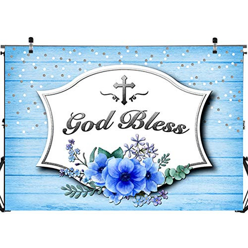 Blue God Bless Baptism Party Backdrop Banner Decorations,First Holy Communion Party Baby Shower Backdrop Background Banner Photo Booth Props Cake Table Decorations 71 x 49 inch