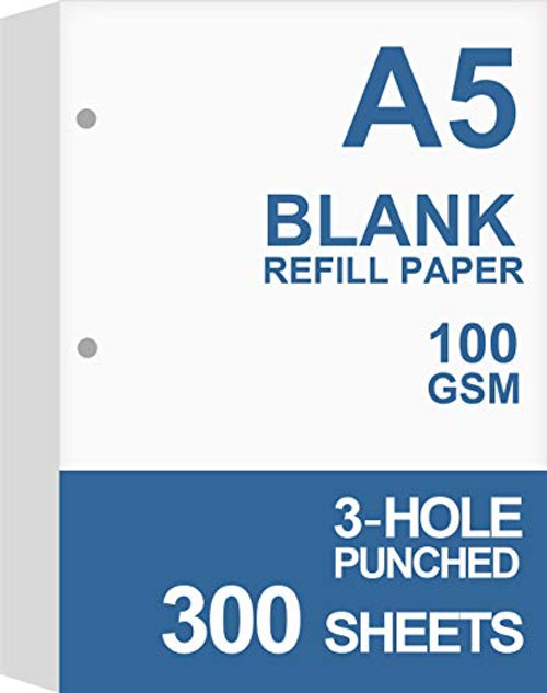 -3-Pack- A5 Filler Paper, 3 Hole Planner Refills, Organizer, Loose-leaf Binder Paper, Total 300 Sheets/600 Pages, 100gsm, Blank, White Paper, 5.8 x 8.2 Inch