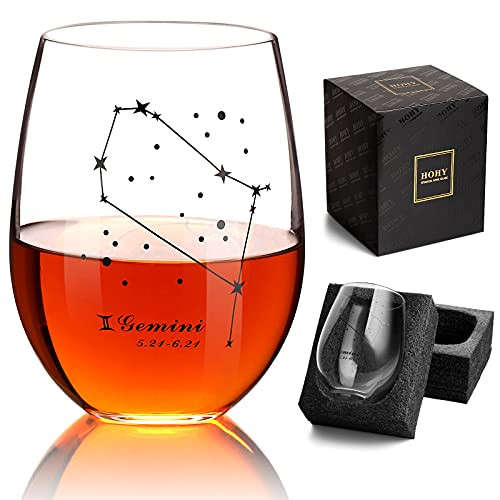 Gemini Wine Glass Gemini Gifts for Women Gemini Cups, Zodiac Sign Stemless Wine Glass Astrology Gifts for Women Men Constellation Glass Tumbler Horoscope Gift, Black