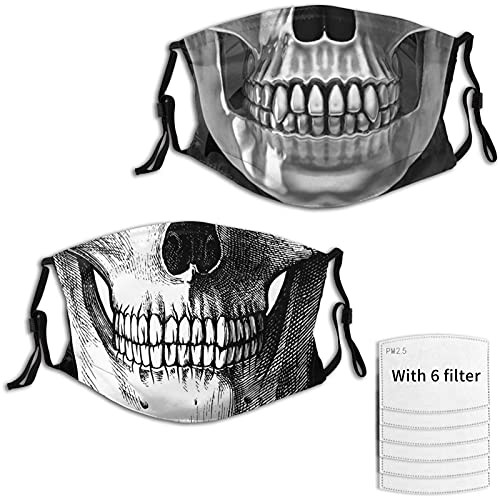 Skull Death Face Mouth Mask 2Pcs Adjustable Mask with 6 Filters Reusable Face Cover for Adult and Youth