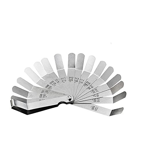 Fomgeely Offset Feeler Gauge with 16 Blades, Steel Feeler Gauge, Dual Marked Metric and Imperial Measuring Tool, Offset Valve Feeler Gauge for Measuring Gap -0.127-0.508mm Width-