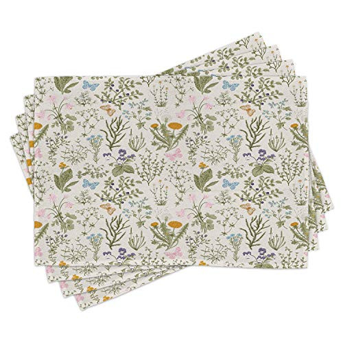 Ambesonne Floral Place Mats Set of 4, Vintage Garden Plants with Herbs Flowers Botanical Classic Design, Washable Fabric Placemats for Dining Room Kitchen Table Decor, Pink Blue