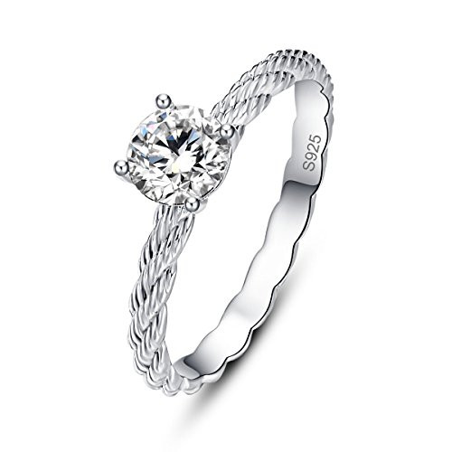AVECON Sterling Silver Rope Design Round Cut White CZ Solitaire Anniversary Band Ring for Women Size 7