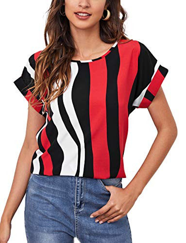 Romwe Women's Casual Colorblock Roll Up Batwing Short Sleeve Work Blouse Tops Black Red L