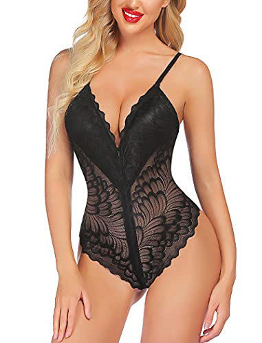 Avidlove Women Teddy Lingerie Zipper Front Snap Crotch Lace Bodysuit One Piece Lingerie Black