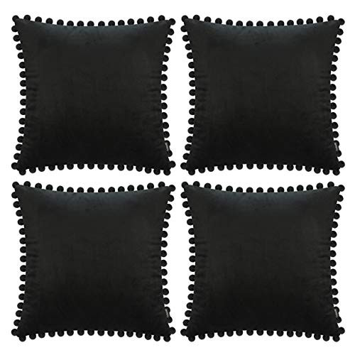 Pack of 4 Decorative Throw Pillow Covers with Pom Poms Soft Pillow Case Velvet Solid Cushion Covers Square Cushion Cases with Balls for Sofa Home Bedroom Car -Black, 18x18in/45x45cm-
