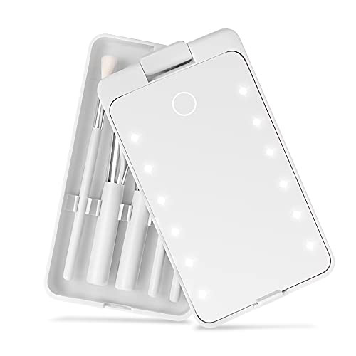 mlogiroa LED Makeup Mirror with 5 Makeup Brushes Portable Foldable Cosmetic Vanity Mirror Makeup Brush Storage 12 LEDs 360Rotation Touch Switch Travel Mirror for Women, Girls -White-