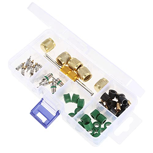 A/C Valve Core Remover Installer Tool Kit, Including R134a R22 R410 Valve Core/Hose Gaskets/Valve/Brass Nut/R134a R22 R410 Refrigeration Valve Core Remover Installer Assortment Set Kit 56PCS