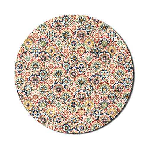 Ambesonne Geometric Mouse Pad for Computers, Oriental Floral Display in Old Fashioned Traditional Style Textured Craft Motif, Round Non-Slip Thick Rubber Modern Gaming Mousepad, 8" Round, Multicolor