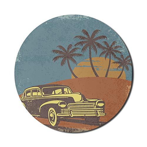 Ambesonne Cars Mouse Pad for Computers, Vintage Car on The Beach with Palm Trees at Sunset Grunge Display, Round Non-Slip Thick Rubber Modern Gaming Mousepad, 8" Round, Pale Yellow Dark Orange